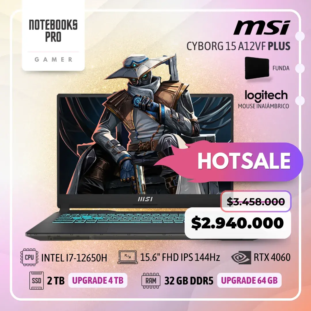 MSI CYBORG 15 A12VF PLUS - i7-12650H - SSD 2 TB - 32 GB RAM DDR5 - RTX 4060 - 15.6" FHD IPS 144Hz - Teclado Retroiluminado - 10 Núcleos
