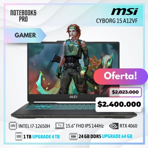 MSI CYBORG 15 A12VF - i7-12650H - SSD 1 TB - 24 GB RAM DDR5 - RTX 4060 - 15.6" FHD IPS 144Hz - Teclado Retroiluminado - 10 Núcleos