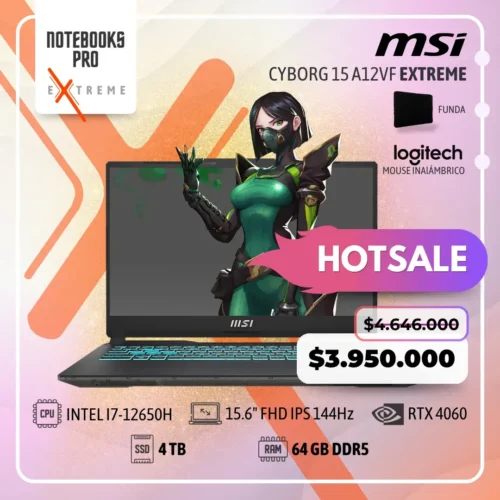 MSI CYBORG 15 A12VF EXTREME - i7-12650H - SSD 4 TB - 64 GB RAM DDR5 - RTX 4060 - 15.6" FHD IPS 144Hz - Teclado Retroiluminado - 10 Núcleos