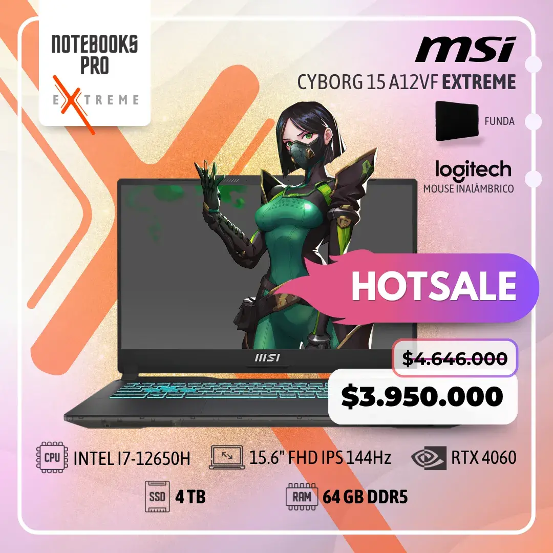 MSI CYBORG 15 A12VF EXTREME - i7-12650H - SSD 4 TB - 64 GB RAM DDR5 - RTX 4060 - 15.6" FHD IPS 144Hz - Teclado Retroiluminado - 10 Núcleos