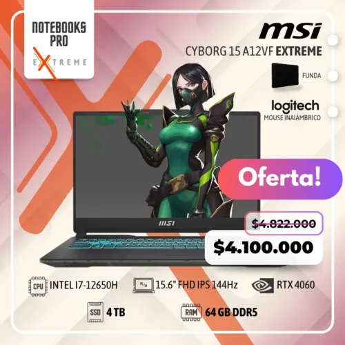 MSI CYBORG 15 A12VF EXTREME - i7-12650H - SSD 4 TB - 64 GB RAM DDR5 - RTX 4060 - 15.6" FHD IPS 144Hz - Teclado Retroiluminado - 10 Núcleos