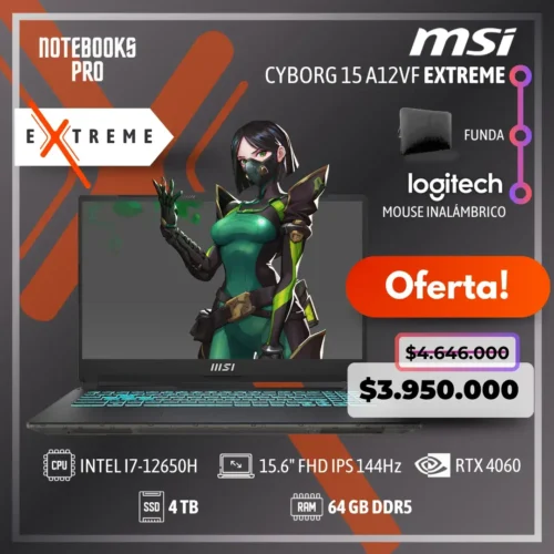 MSI CYBORG 15 A12VF EXTREME - i7-12650H - SSD 4 TB - 64 GB RAM DDR5 - RTX 4060 - 15.6" FHD IPS 144Hz - Teclado Retroiluminado - 10 Núcleos