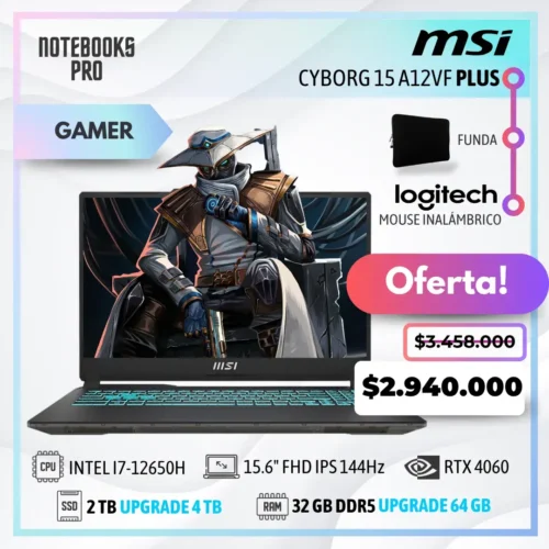 MSI CYBORG 15 A12VF PLUS - i7-12650H - SSD 2 TB - 32 GB RAM DDR5 - RTX 4060 - 15.6" FHD IPS 144Hz - Teclado Retroiluminado - 10 Núcleos