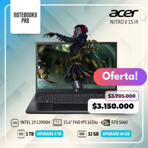 ACER NITRO V 15 - i9-13900H - SSD 1 TB - 32 GB RAM - 15.6" FHD IPS 165hz - RTX 5060 - Teclado retroiluminado - 14 Núcleos