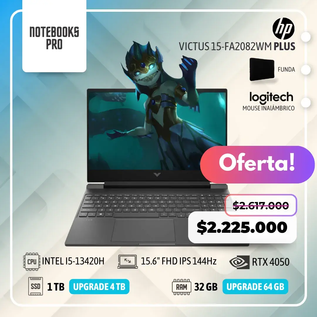 HP VICTUS 15-FA2082WM PLUS - i5-13420H - SSD 1 TB - 32 GB RAM - 15.6" FHD IPS 144Hz - RTX 4050- 8 Nucleos- Teclado retroiluminado