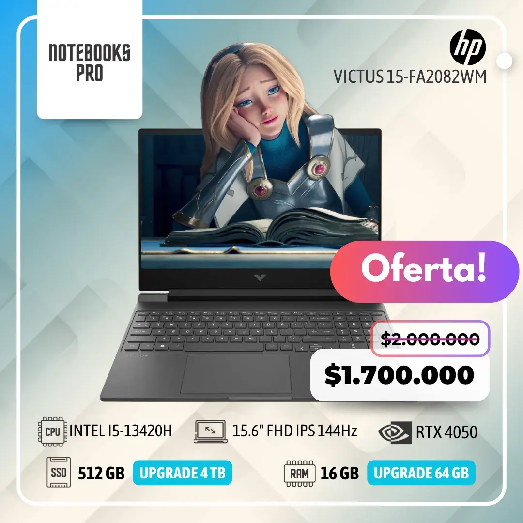 HP VICTUS 15-FA2082WM - i5-13420H - SSD 512 GB - 16 GB RAM - 15.6" FHD IPS 144Hz - RTX 4050- 8 Nucleos- Teclado retroiluminado