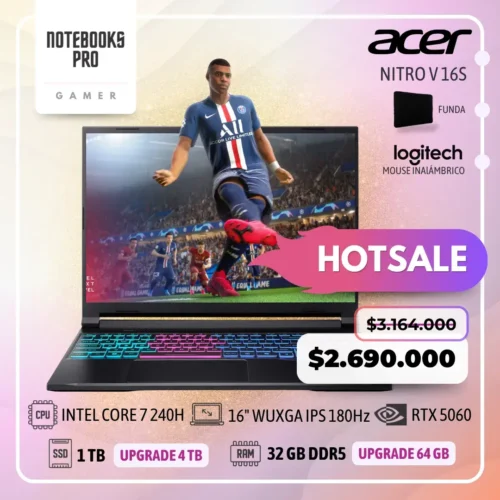 ACER NITRO V 16S - INTEL CORE 7 240H - SSD 1 TB - 32 GB RAM DDR5 - RTX 5060 - 16" WUXGA IPS 180Hz - 10 Núcleos - Teclado Retroiluminado