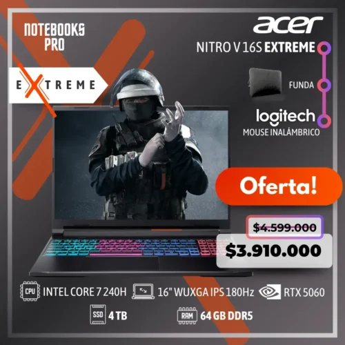 ACER NITRO V 16S EXTREME - INTEL CORE 7 240H - SSD 4 TB - 64 GB RAM DDR5 - RTX 5060 - 16" WUXGA IPS 180Hz - 10 Núcleos - Teclado Retroiluminado