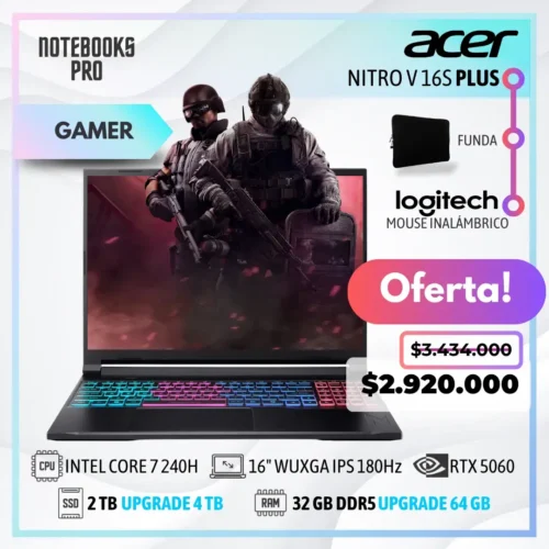 ACER NITRO V 16S PLUS - INTEL CORE 7 240H - SSD 2 TB - 32 GB RAM DDR5 - RTX 5060 - 16" WUXGA IPS 180Hz - 10 Núcleos - Teclado Retroiluminado
