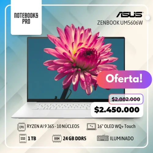 ASUS ZENBOOK UM5606W - RYZEN AI 9 365 - SSD 1 TB - 24 GB RAM DDR5 - 16" OLED WQ+ Touch - Teclado Retroiluminado - 10 Núcleos