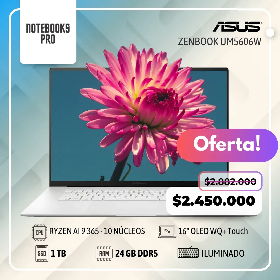 ASUS ZENBOOK UM5606W - RYZEN AI 9 365 - SSD 1 TB - 24 GB RAM DDR5 - 16" OLED WQ+ Touch - Teclado Retroiluminado - 10 Núcleos