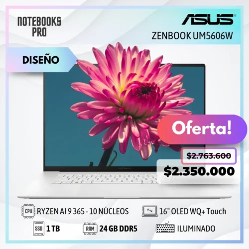 ASUS ZENBOOK UM5606W - RYZEN AI 9 365 - SSD 1 TB - 24 GB RAM DDR5 - 16" OLED WQ+ Touch - Teclado Retroiluminado - 10 Núcleos