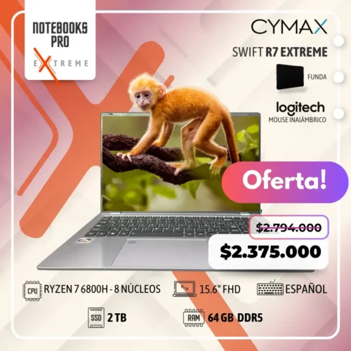 CYMAX SWIFT R7 EXTREME - RYZEN 7 6800H - SSD 2 TB - 64 GB RAM DDR5 - 15.6" FHD - 8 Núcleos - Teclado retroiluminado - Teclado español