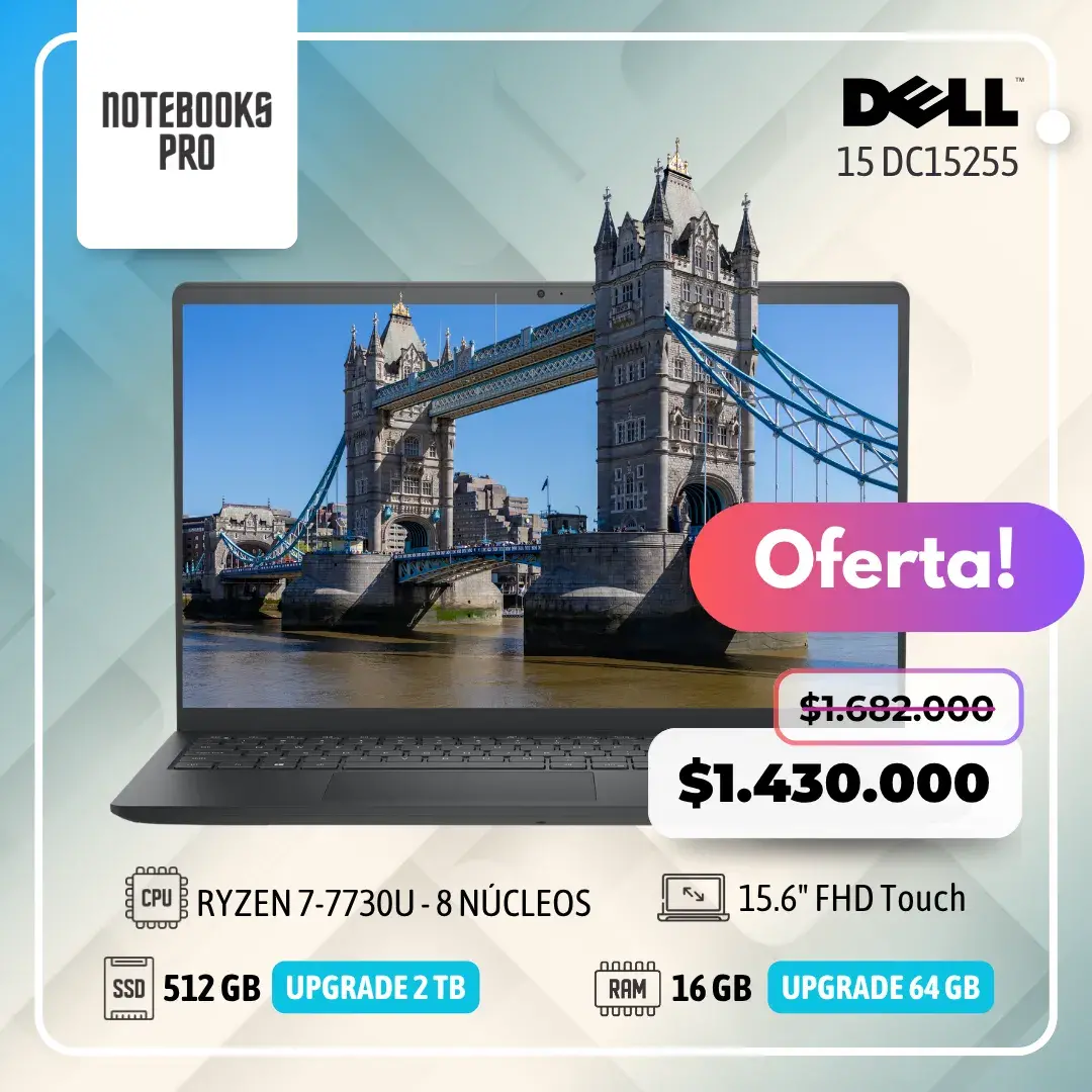 DELL 15 DC15255 - RYZEN 7-7730U - 512 GB SSD - 16 GB RAM - 15.6" FHD Touch - 8 Núcleos