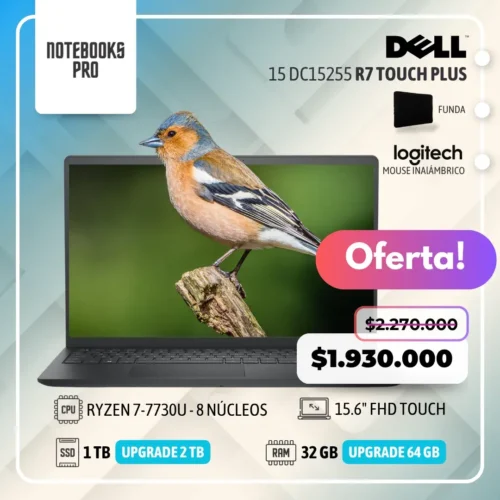 DELL 15 DC15255 PLUS - RYZEN 7-7730U - 1TB GB  SSD - 32 GB RAM - 15.6" FHD Touch - 8 Núcleos