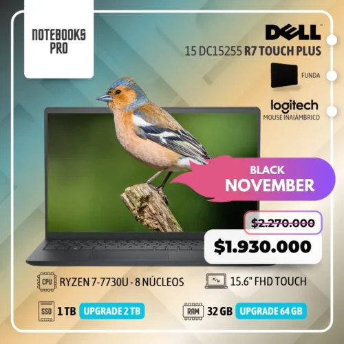 DELL 15 DC15255 PLUS - RYZEN 7-7730U - 1TB GB  SSD - 32 GB RAM - 15.6" FHD Touch - 8 Núcleos