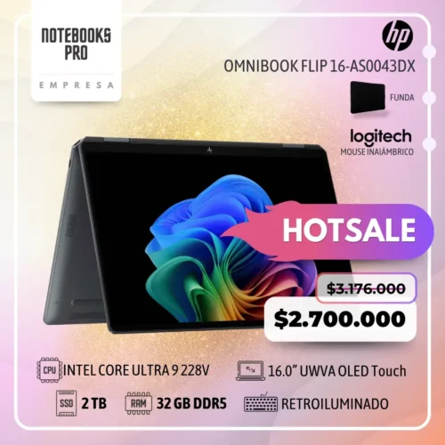 HP OMNIBOOK FLIP 16-AS0043dx - Intel Core Ultra 9 228v - SSD 2 TB - 32 GB RAM DDR5 - 16.0” UWVA OLED Touch-360° - Teclado retroiluminado - 8 Núcleos