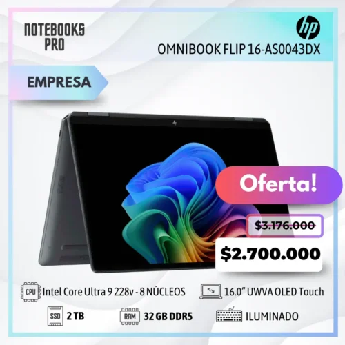 HP OMNIBOOK FLIP 16-AS0043dx - Intel Core Ultra 9 228v - SSD 2 TB - 32 GB RAM DDR5 - 16.0” UWVA OLED Touch-360° - Teclado retroiluminado - 8 Núcleos