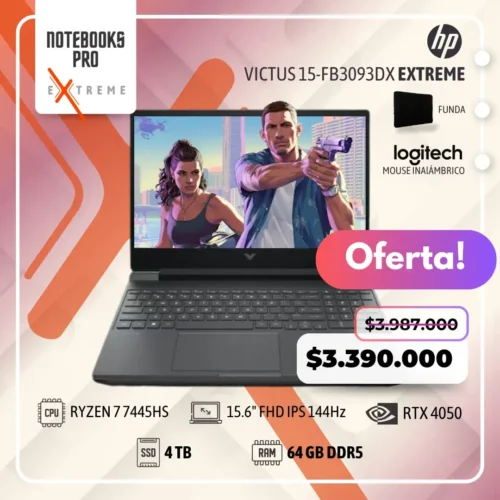 HP VICTUS 15-FB3093DX EXTREME - RYZEN 7 7445HS - SSD 4 TB - 64 GB RAM DDR5 - 15.6" FHD IPS 144Hz - RTX 4050 - 6 núcleos - Teclado retroiluminado