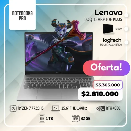 LENOVO LOQ 15ARP10E PLUS - RYZEN 7 7735HS - SSD 1 TB - 32 GB RAM DDR5 - 15.6" FHD 144Hz - RTX 4050 - Teclado retroiluminado - 8 núcleos