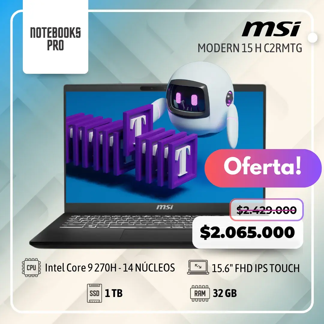 MSI MODERN 15 H C2RMTG- Intel Core 9 270H- SSD 1 TB - 32 GB RAM - 15.6" FHD IPS - Touch-14 núcleos