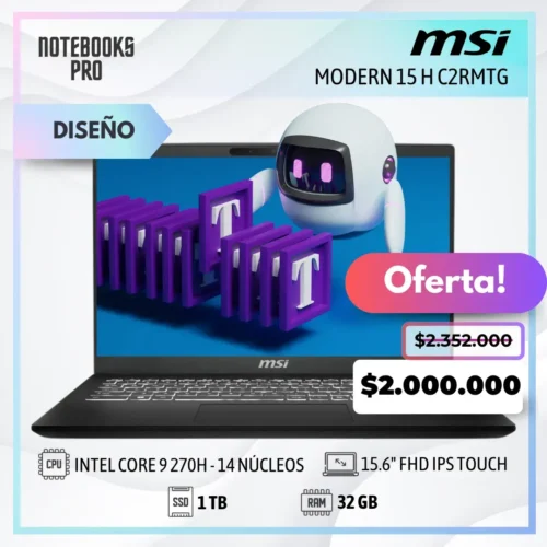 MSI MODERN 15 H C2RMTG- Intel Core 9 270H- SSD 1 TB - 32 GB RAM - 15.6" FHD IPS - Touch-14 núcleos