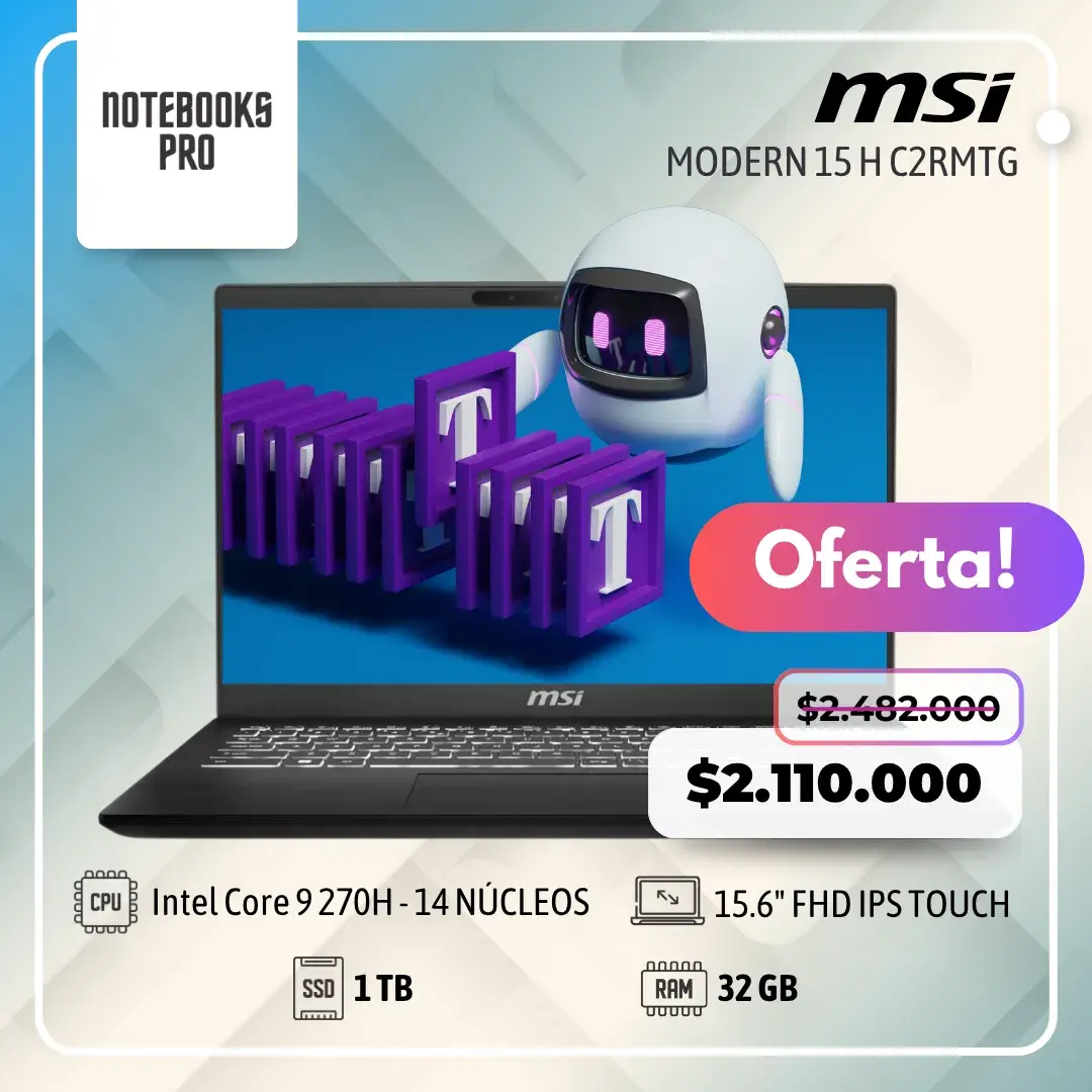 MSI MODERN 15 H C2RMTG- Intel Core 9 270H- SSD 1 TB - 32 GB RAM - 15.6" FHD IPS - Touch-14 núcleos
