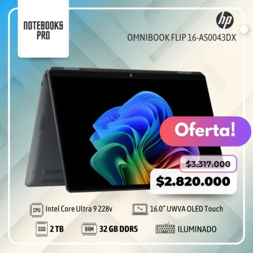 HP OMNIBOOK FLIP 16-AS0043dx - Intel Core Ultra 9 288v - SSD 2 TB - 32 GB RAM DDR5 - 16.0” UWVA OLED Touch-360° - Teclado retroiluminado - 8 Núcleos