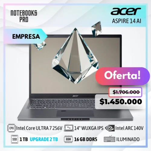 ACER ASPIRE 14 AI - Intel Core ULTRA 7 256V - SSD 1 TB - 16 GB RAM DDR5 - Intel ARC 140V - 14" WUXGA IPS  - Teclado Retroiluminado - 8 Núcleos