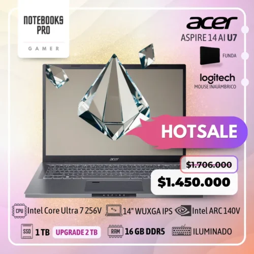 ACER ASPIRE 14 AI - Intel Core ULTRA 7 256V - SSD 1 TB - 16 GB RAM DDR5 - Intel ARC 140V - 14" WUXGA IPS  - Teclado Retroiluminado - 8 Núcleos