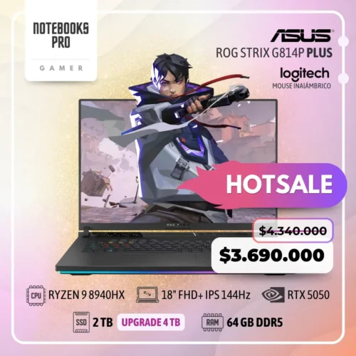 ASUS ROG STRIX G814P PLUS - RYZEN 9 8940HX - SSD 2 TB - 32 GB RAM DDR5 - RTX 5050 - 18" FHD+ IPS 144Hz - Teclado Retroiluminado - 16 Núcleos