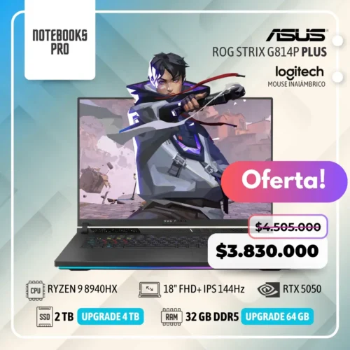 ASUS ROG STRIX G814P PLUS - RYZEN 9 8940HX - SSD 2 TB - 32 GB RAM DDR5 - RTX 5050 - 18" FHD+ IPS 144Hz - Teclado Retroiluminado - 16 Núcleos