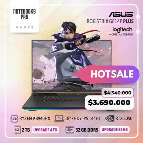 ASUS ROG STRIX G814P PLUS - RYZEN 9 8940HX - SSD 2 TB - 32 GB RAM DDR5 - RTX 5050 - 18" FHD+ IPS 144Hz - Teclado Retroiluminado - 16 Núcleos