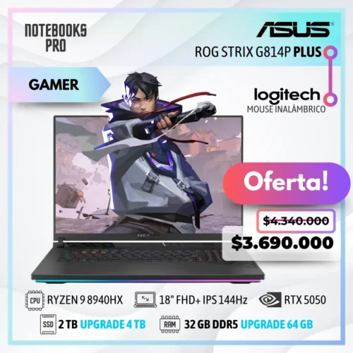 ASUS ROG STRIX G814P PLUS - RYZEN 9 8940HX - SSD 2 TB - 32 GB RAM DDR5 - RTX 5050 - 18" FHD+ IPS 144Hz - Teclado Retroiluminado - 16 Núcleos