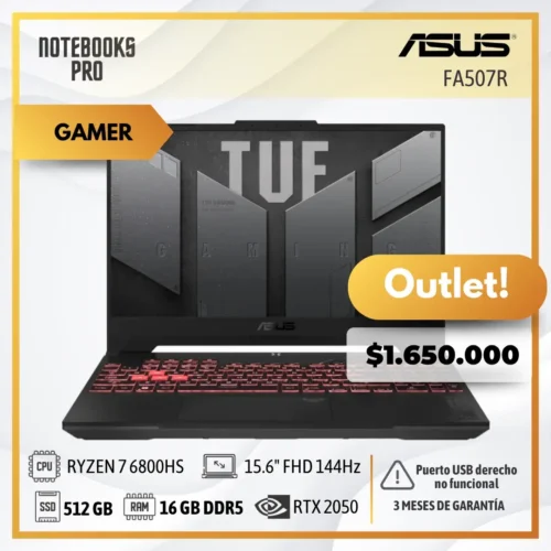 (OUTLET)ASUS TUF FA507R - RYZEN 7 6800HS - SSD 512 GB - 16 GB RAM DDR5 - 15.6" FHD 144Hz - RTX 2050 - Teclado Retroiluminado - 8 Núcleos