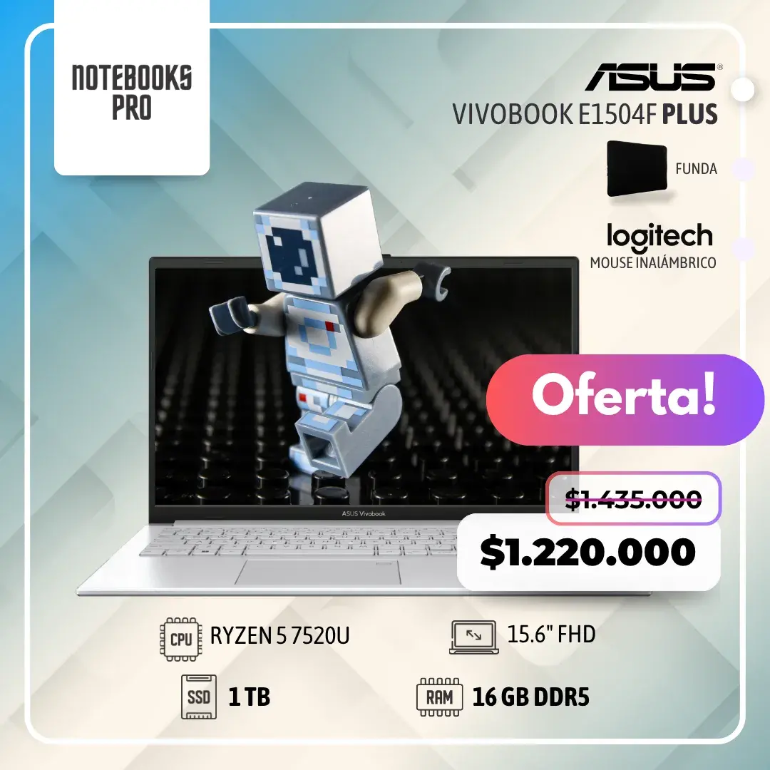 ASUS VIVOBOOK E1504F PLUS - RYZEN 5 7520U - SSD 1 TB - 16 GB RAM DDR5 - 15.6" FHD - 4 Núcleos