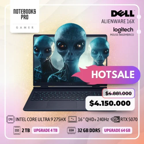 DELL ALIENWARE 16X - INTEL CORE ULTRA 9 275HX - SSD 2 TB - 32 GB DDR5 - RTX 5070 - 16 " QHD+ 240Hz - Teclado Retroiluminado - 24 Núcleos