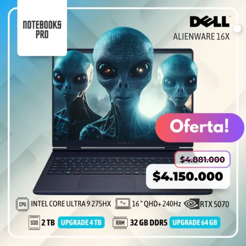 DELL ALIENWARE 16X - INTEL CORE ULTRA 9 275HX - SSD 2 TB - 32 GB DDR5 - RTX 5070 - 16 " QHD+ 240Hz - Teclado Retroiluminado - 24 Núcleos