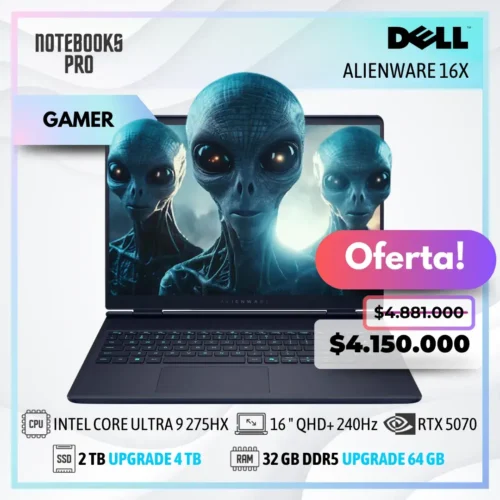 DELL ALIENWARE 16X - INTEL CORE ULTRA 9 275HX - SSD 2 TB - 32 GB DDR5 - RTX 5070 - 16 " QHD+ 240Hz - Teclado Retroiluminado - 24 Núcleos