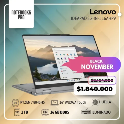 LENOVO IDEAPAD 5  2-IN-1 16AHP9 - RYZEN 7 8845HS - SSD 1 TB  - 16 GB RAM DDR5 - 16" WUXGA Touch - Teclado Retroiluminado - Lector de Huella- 8 Núcleos