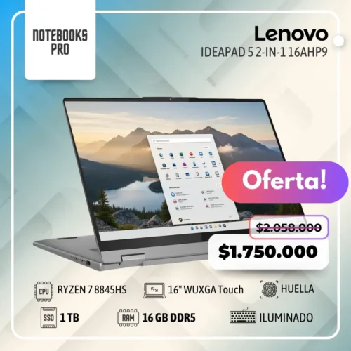 LENOVO IDEAPAD 5  2-IN-1 16AHP9 - RYZEN 7 8845HS - SSD 1 TB  - 16 GB RAM DDR5 - 16" WUXGA Touch - Teclado Retroiluminado - Lector de Huella- 8 Núcleos