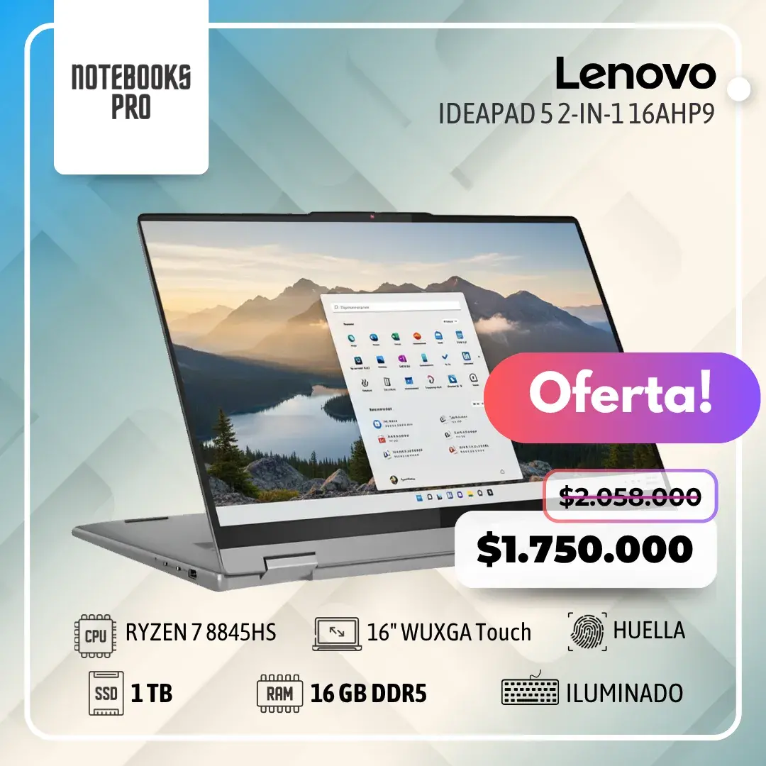 LENOVO IDEAPAD 5 2-IN-1 16AHP9 - RYZEN 7 8845HS - SSD 1 TB - 16 GB RAM DDR5 - 16" WUXGA Touch - Teclado Retroiluminado - Lector de Huella- 8 Núcleos