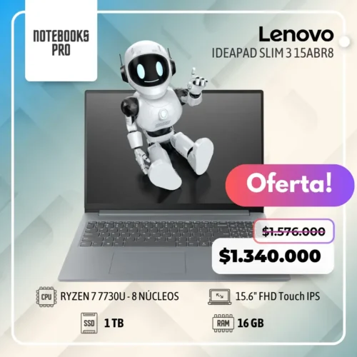 LENOVO IDEAPAD SLIM 3 15ABR8 - RYZEN 7 7730U - SSD 1 TB  - 16 GB RAM - 15.6" FHD Touch- IPS  - 8 núcleos-Teclado Retroiluminado