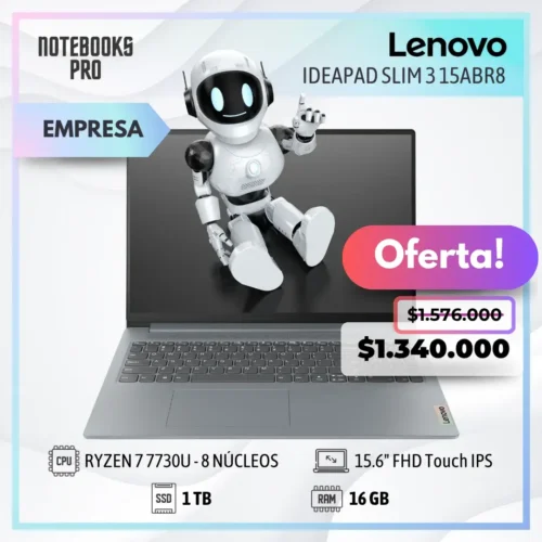 LENOVO IDEAPAD SLIM 3 15ABR8 - RYZEN 7 7730U - SSD 1 TB  - 16 GB RAM - 15.6" FHD Touch- IPS  - 8 núcleos-Teclado Retroiluminado