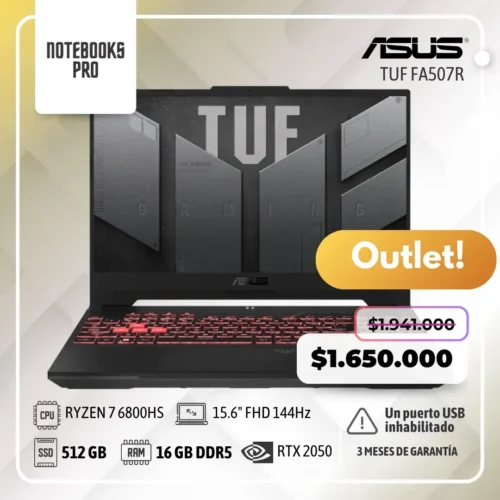 (OUTLET)ASUS TUF FA507R - RYZEN 7 6800HS - SSD 512 GB - 16 GB RAM DDR5 - 15.6" FHD 144Hz - RTX 2050 - Teclado Retroiluminado - 8 Núcleos