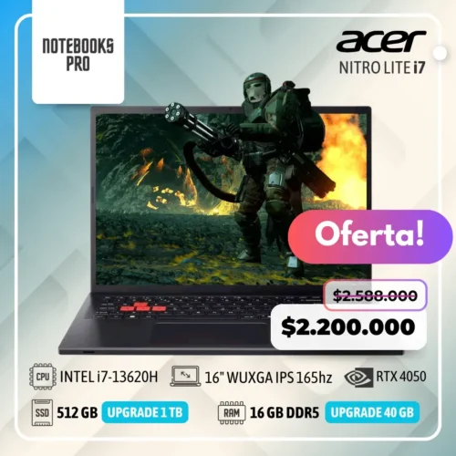ACER NITRO LITE  - i7-13620H - SSD 512 GB - 16 GB RAM DDR5 - 16" WUXGA IPS 165hz - RTX 4050 - 10 Núcleos