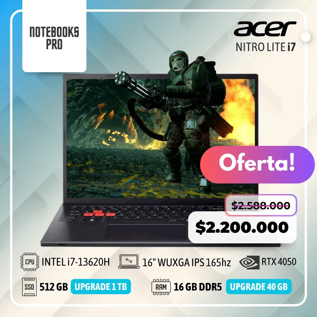 ACER NITRO LITE - i7-13620H - SSD 512 GB - 16 GB RAM DDR5 - 16" WUXGA IPS 165hz - RTX 4050 - 10 Núcleos