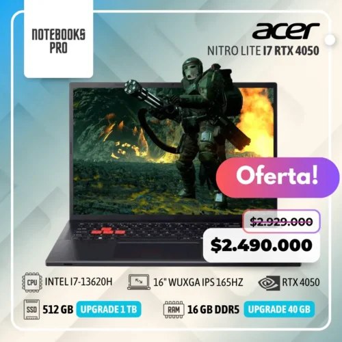 ACER NITRO LITE  - i7-13620H - SSD 512 GB - 16 GB RAM DDR5 - 16" WUXGA IPS 165hz - RTX 4050 - 10 Núcleos
