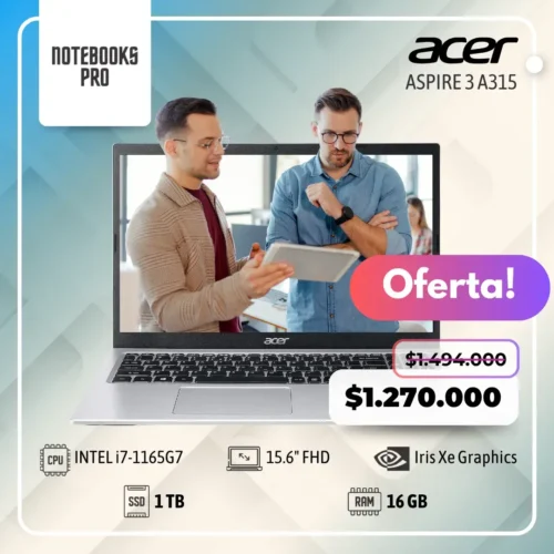 ACER ASPIRE 3 A315 - i7-1165G7 - SSD 1 TB - 16 GB RAM - 15.6" FHD - Iris Xe Graphics - 8 Núcleos