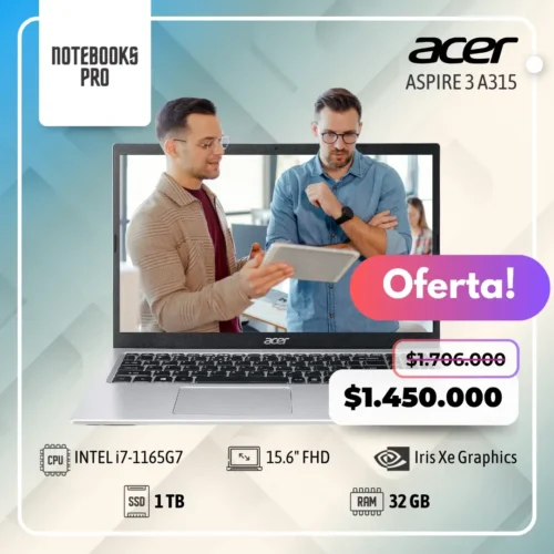 ACER ASPIRE 3 A315 - i7-1165G7 - SSD 1 TB - 32 GB RAM - 15.6" FHD - Iris Xe Graphics - 8 Núcleos